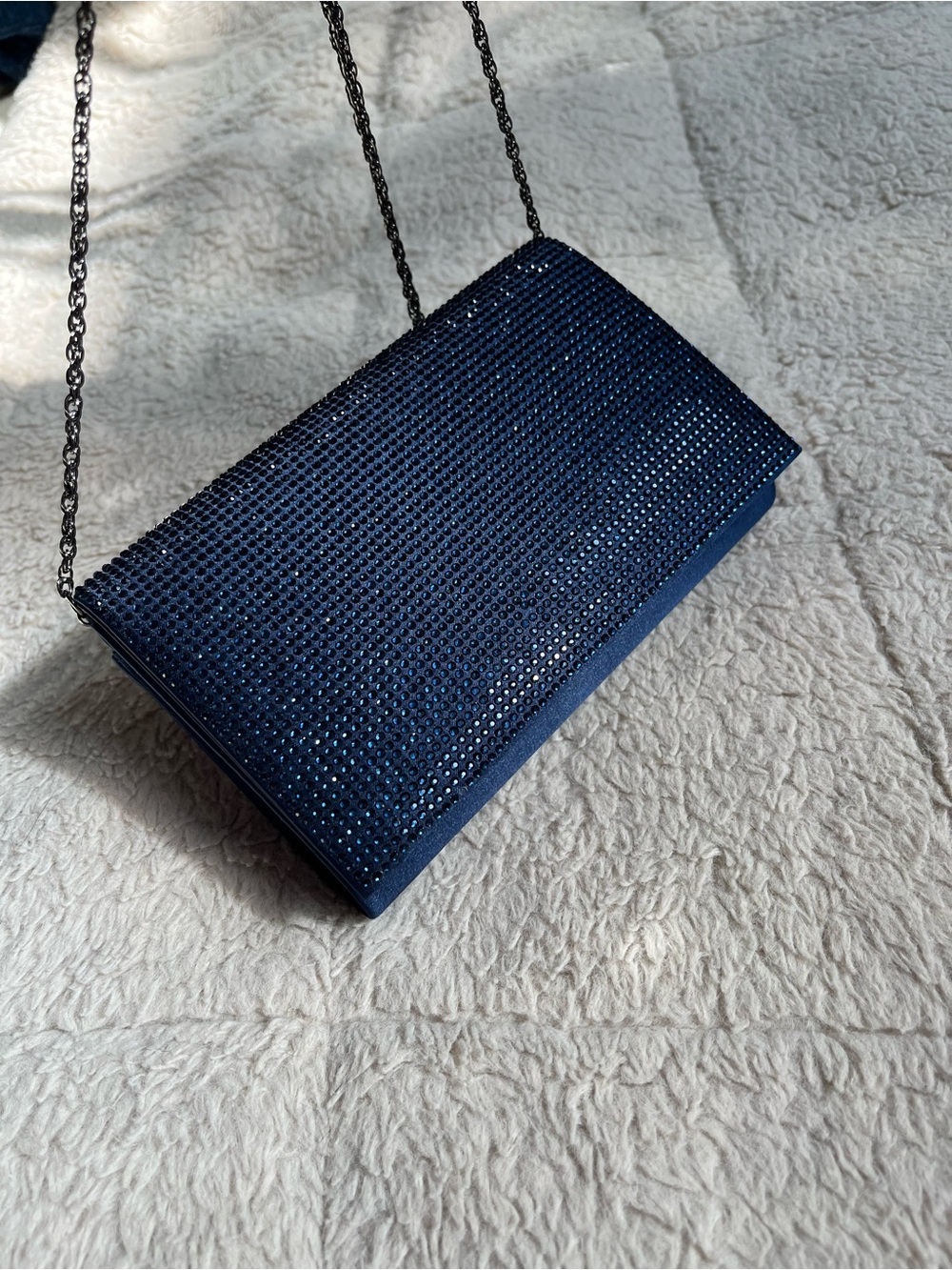 Le Chateau Navy Crystal-Embellished Evening Clutch With Crossbody Chain Strap